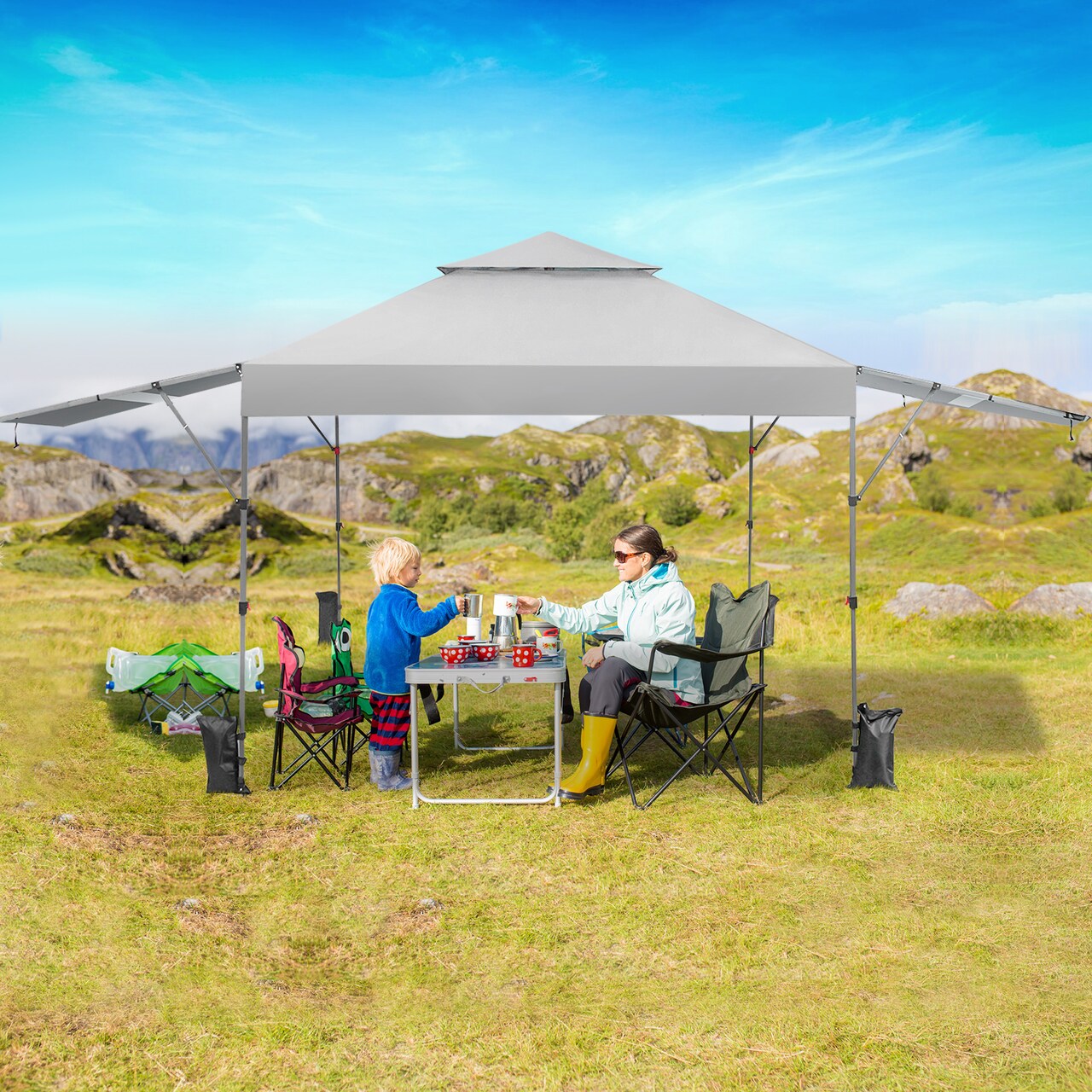 10 x 17.6 Waterproof 3 Heights Pop Up Canopy Tent with Silver Coating and Windproof Design, Dual Awnings